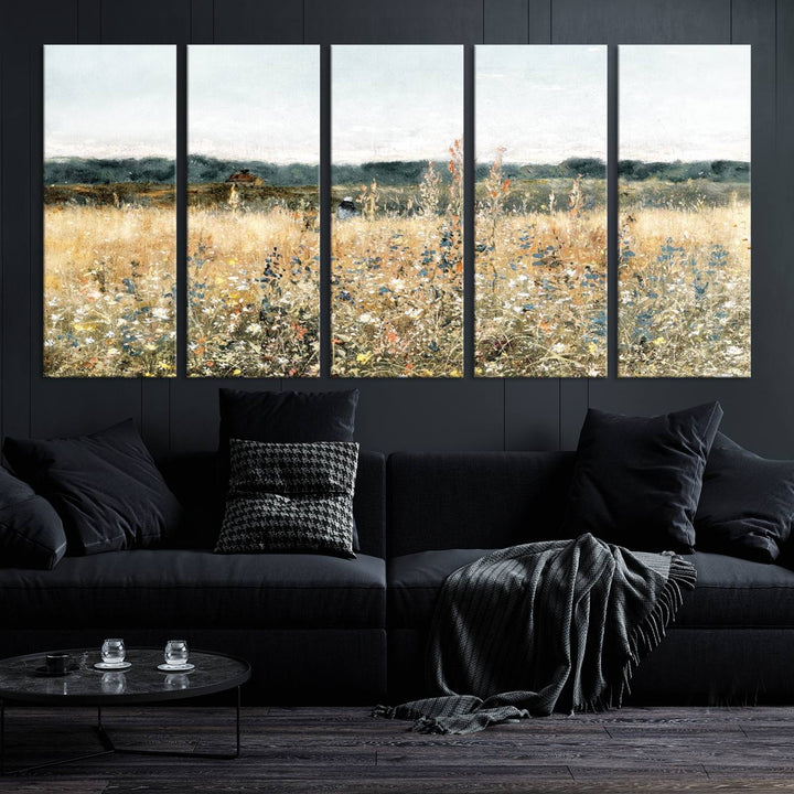 The "Wildflower Field Wall Art Canvas" brings rustic charm to the room with its nature-inspired landscape print, making it a perfect addition to the living room or office.