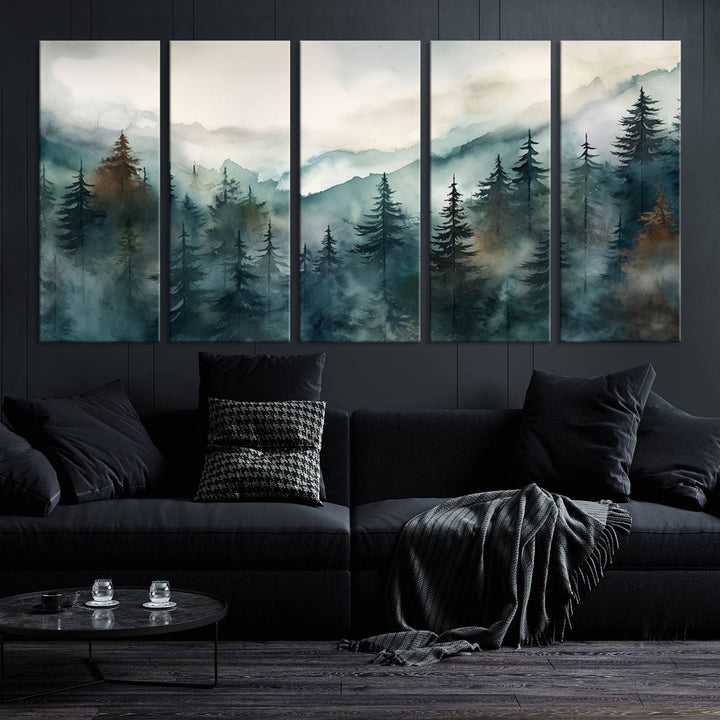 A set of Serenity Forest Wall Art Canvas prints, showcasing foggy mountain landscapes, is displayed in the living room.