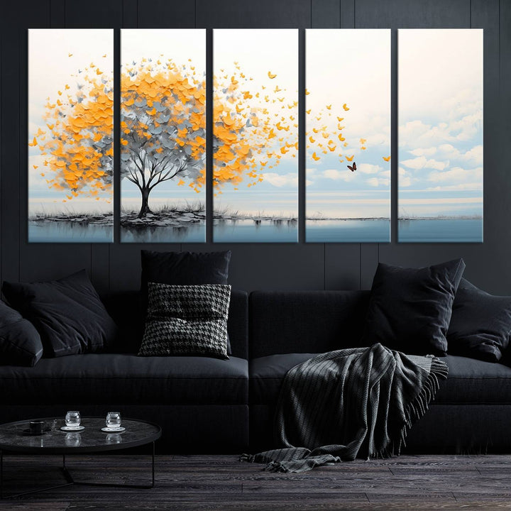 A Butterfly Tree Wall Art Canvas, featuring a modern tree adorned with yellow butterflies, decorates the wall.