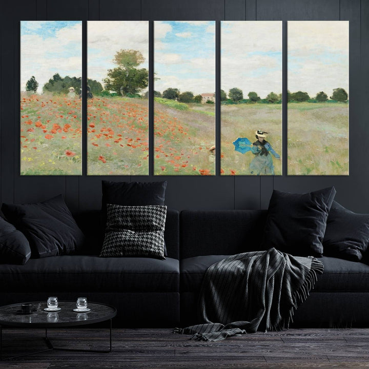 The Claude Monet The Poppy Field Canvas Print features a scene of a serene meadow with blooming flowers and a woman and child. It is printed on museum-quality canvas with UV-protective coating.