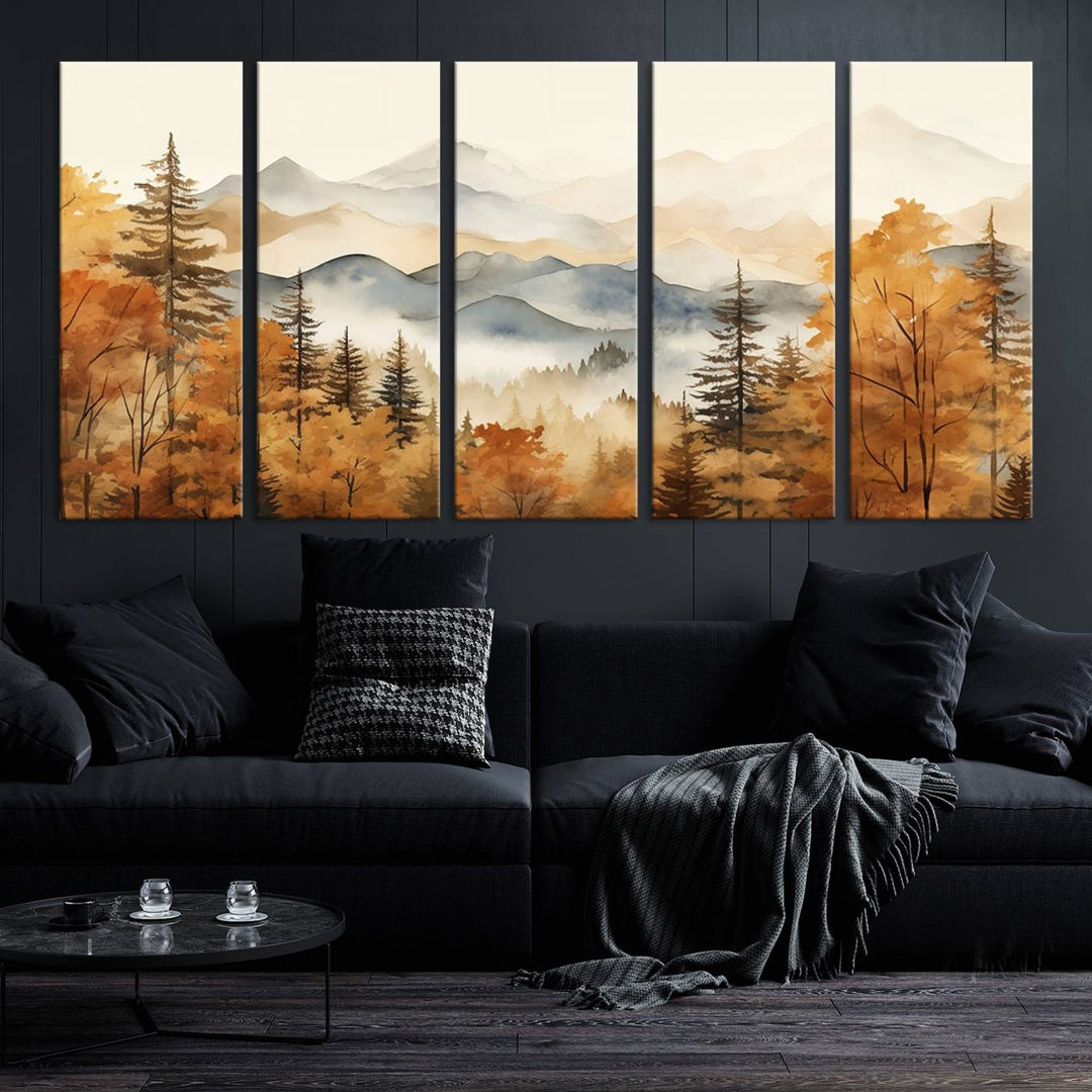 Abstract Mountain Mist Canvas Wall Art – Tranquil Autumn Forest and Misty Peaks - Ready to Hang