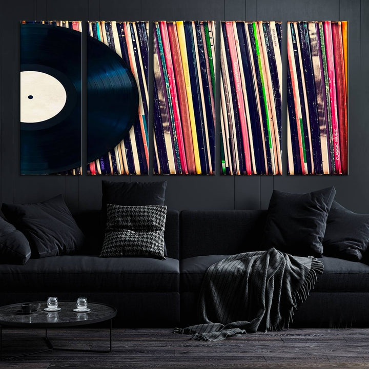 The room showcases the "Vinyl Record and Album Collection Canvas Wall Art," a perfect retro music decor piece for vintage vinyl lovers.