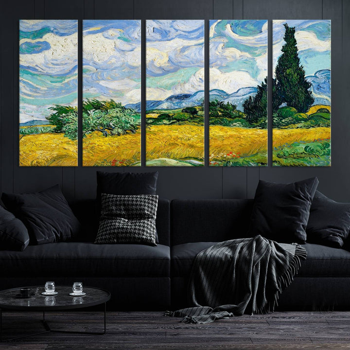 A contemporary living room features a large triptych of "Wheatfield With Cypresses By Van Gogh Painting Wall Art Canvas Print." Crafted on museum-quality canvas, this artwork brings a sense of elegance and craftsmanship reminiscent of professional artistry.