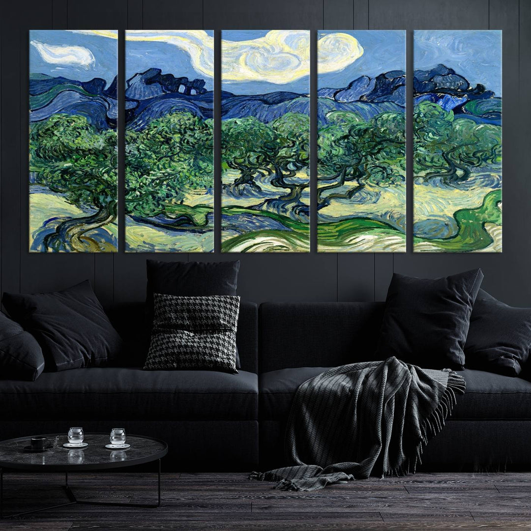 The Olive Trees Van Gogh Wall Art Canvas Print enhances the living room with its vivid landscape on museum-quality canvas, complete with a UV-protective coating.