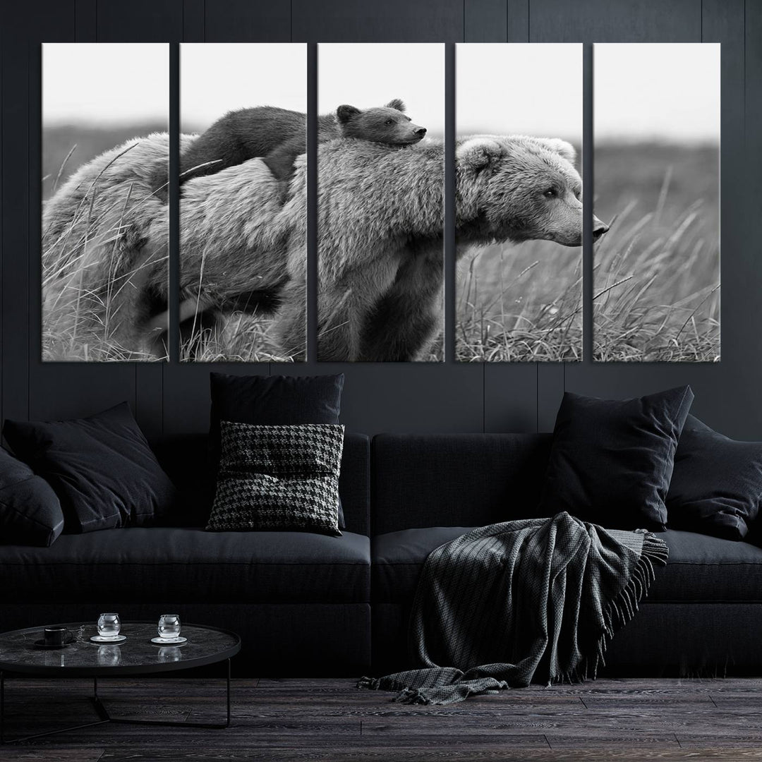 Baby Bear and Mom Bear Family Black & White Canvas Print Wall Art Canvas