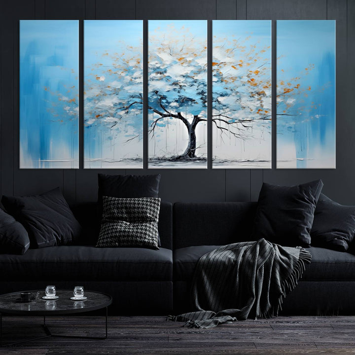 Modern living room featuring the Large Blue Abstract Tree Wall Art Canvas Printing. Enjoy the elegance with free shipping.