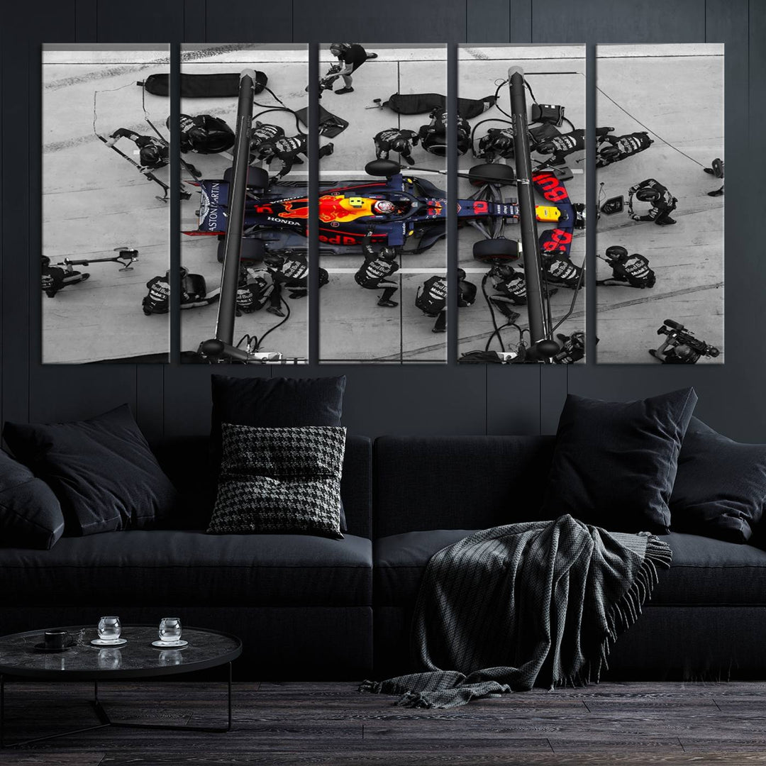 The RedBull Formula 1 Canvas Wall Art Print, a set of three gallery-quality pieces, elegantly adorns the wall.