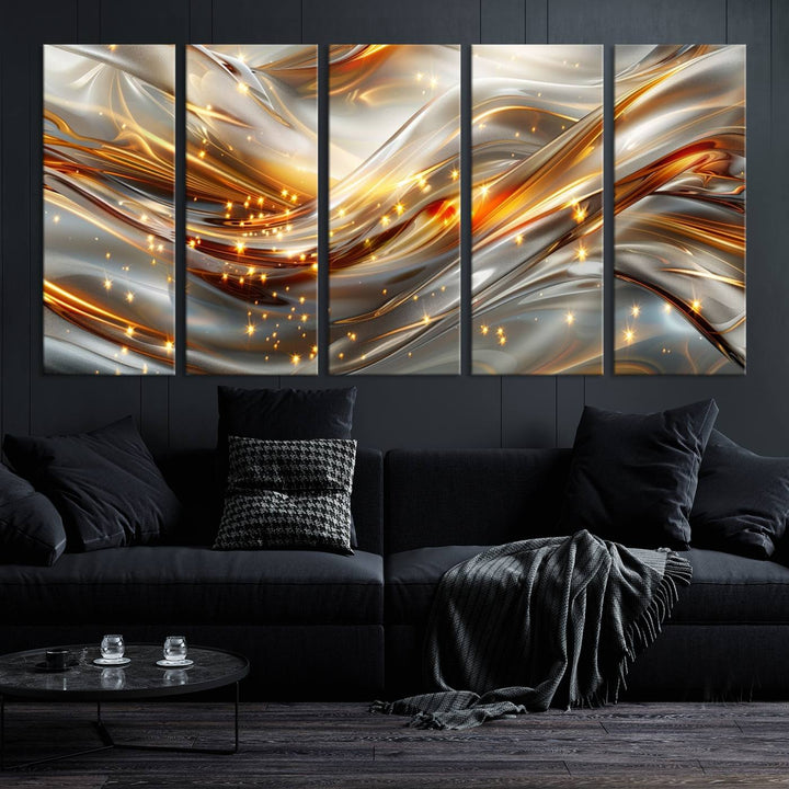 The Elegant Modern Gold Abstract Wall Art - Premium Framed Canvas Print for Home & Office Decor showcases a captivating triptych with swirling metallic designs and golden sparkles, perfectly enhancing contemporary interiors.