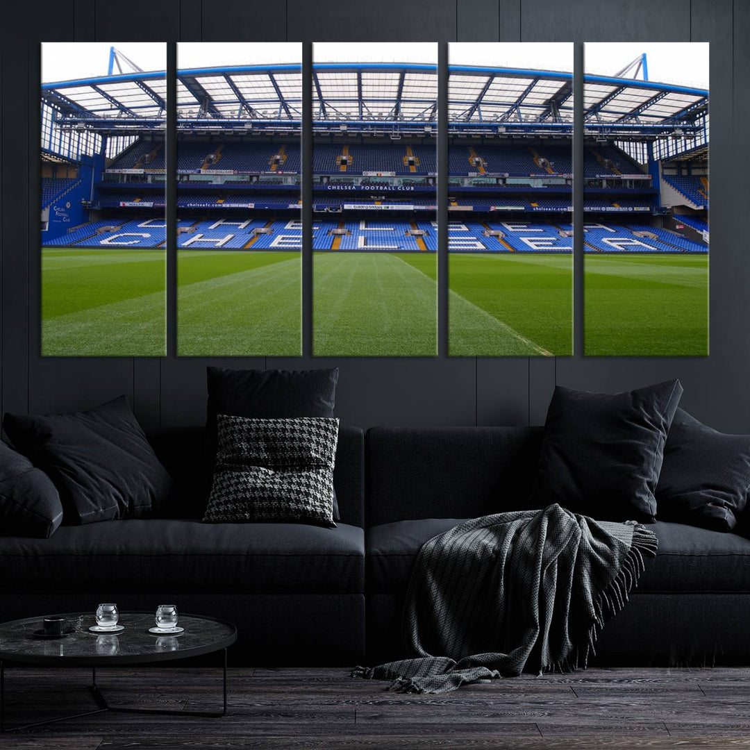 The Chelsea FC Soccer Team Print - Stamford Bridge Stadium Wall Art Canvas Print hangs elegantly, bringing the thrill of the game into your living room.