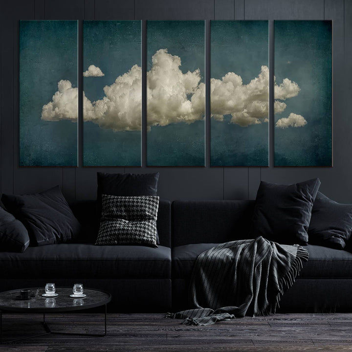 The Vintage Green Clouds Wall Art Canvas Print, set against a teal backdrop, showcases breathtaking canvas artwork with a gallery-quality finish.