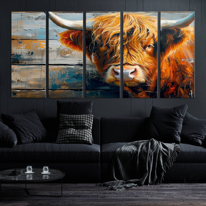 The Highland Cow Abstract Canvas Wall Art, a bold piece of farmhouse rustic decor, adds charm to the modern living room.