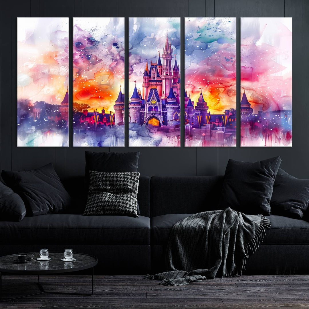 A vibrant piece of wall art depicting the Cinderella Castle from Disneyland, presented as a watercolor painting on premium canvas, is displayed.