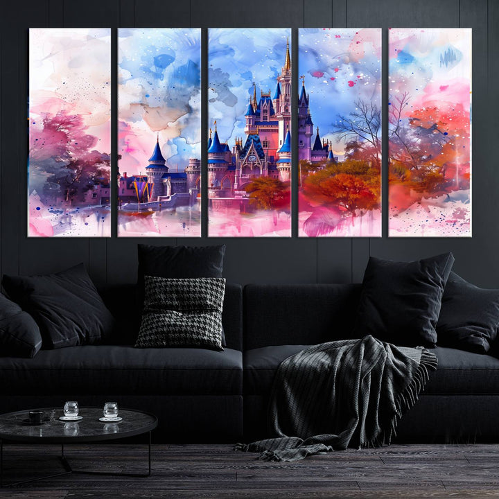 The Disney Wall Art: Dreamy Watercolor Cinderella Castle Canvas Print features a fairy-tale castle with vibrant pink, blue, and purple hues. Expertly handmade in the USA, this premium canvas wall art adds a touch of enchantment to any room.