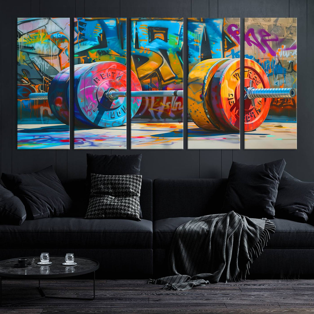 The Fitness Gym Barbell Graffiti Wall Art Canvas Print, a vibrant triptych featuring a barbell against a graffiti backdrop, elegantly hangs in the room. Crafted on premium canvas with a gallery-quality finish, this stunning piece of wall art effortlessly combines urban flair with sophisticated decor.