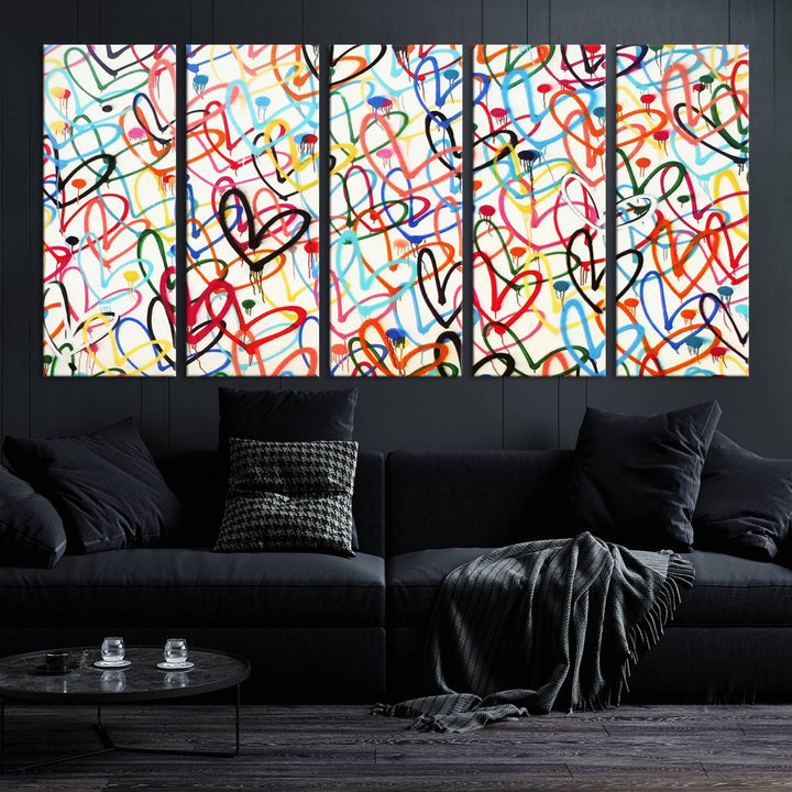 The "Colorful Love Canvas print," featuring vibrant abstract street art with overlapping loops, is handmade in the USA.