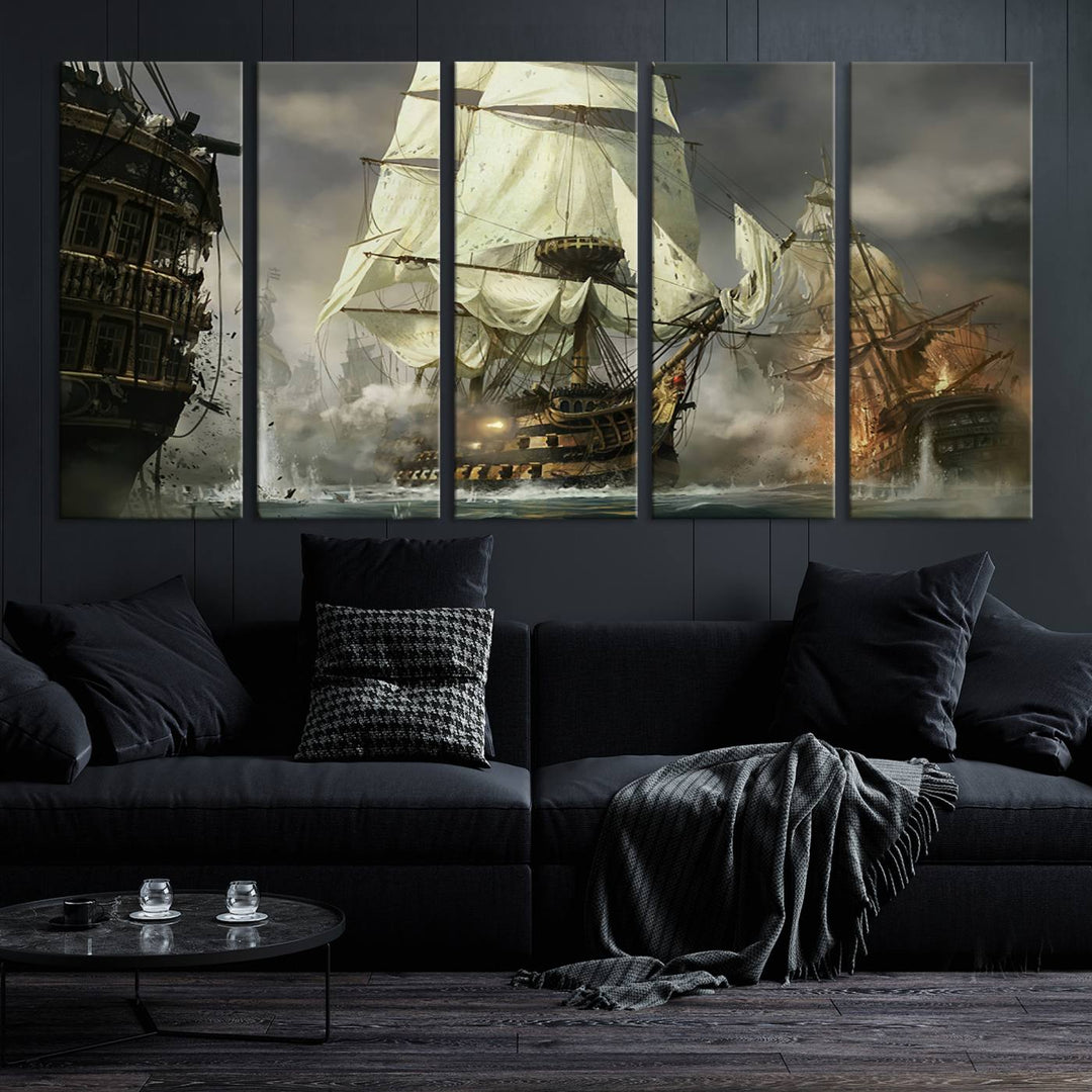 The Pirate Ship War Wall Art Canvas Print, featuring a stunning three-panel depiction of an intense sea battle with tall ships, boasts a gallery-quality finish that adds an elegant touch to its display.