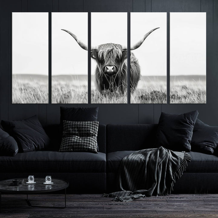 The living room is enhanced by a stunning three-panel Longhorn Wall Art Canvas Print. This museum-quality piece of Texas Longhorn Art comes on a gallery-wrapped canvas with a UV-protective coating to keep it vibrant under everyday light exposure.