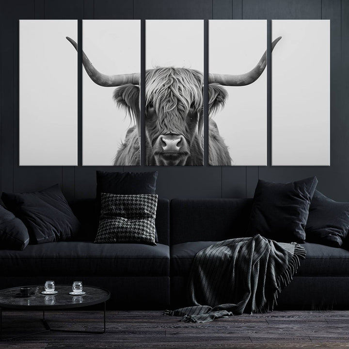 A triptych titled "Farmhouse Longhorn Wall Art Canvas Print, Longhorn Texas Wall Art Canvas Print," rendered in a gallery-quality finish, hangs prominently on the wall.