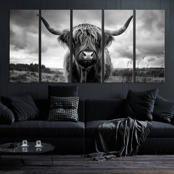 A stunning gallery-quality piece, the "Scottish Cow Wall Art Canvas Print | Longhorn Wall Art | Bighorn Animal Wall Art," depicts a Highland cow with long horns and shaggy fur. This captivating wall art elegantly enhances the space.