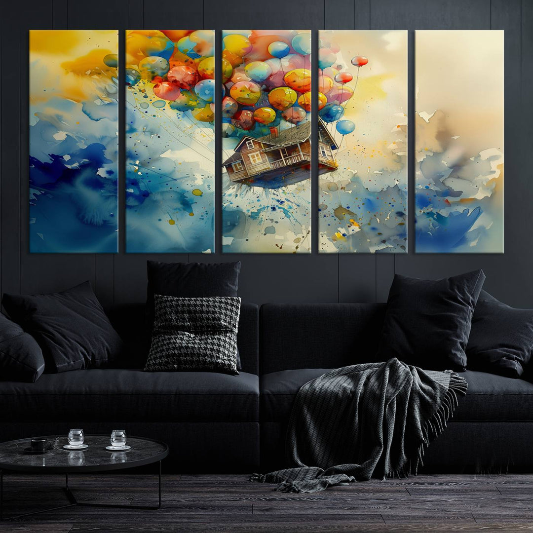 The Cartoon Movie Wall Art Canvas Print, featuring a vibrant house lifted by balloons and split across three panels, serves as captivating wall art. Handmade in the USA, it adds charm and whimsy to any space.