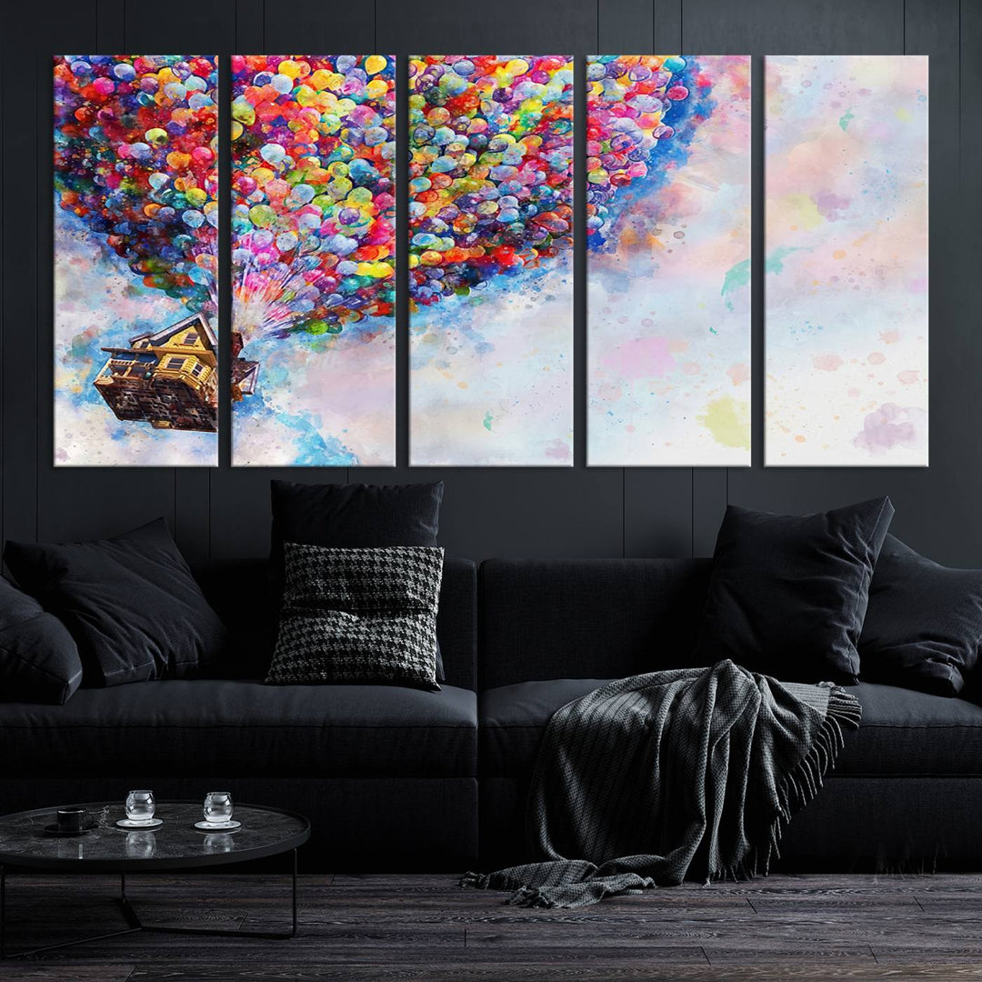 The "Watercolor Cartoon Movie Balloons Canvas Print" is showcased, depicting a whimsical house being lifted by colorful balloons. This triptych wall art is crafted on museum-quality canvases with a UV-protective coating to maintain its vibrant colors, making it ready to hang in any room.