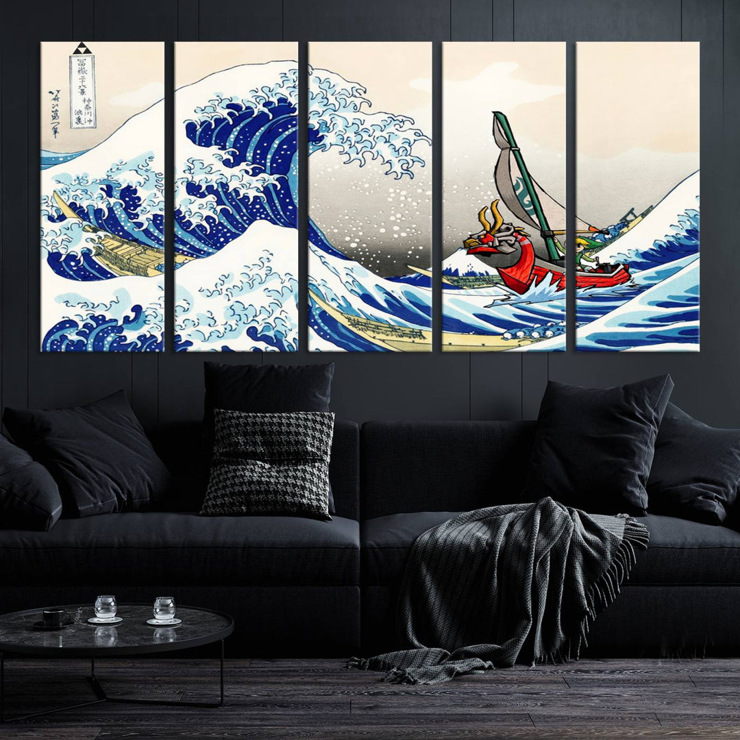 The Katsushika Hokusai Kanagawa Giant Wave Wall Art Canvas Print, featuring iconic Japanese art, brings a touch of modern artistry to the living room.