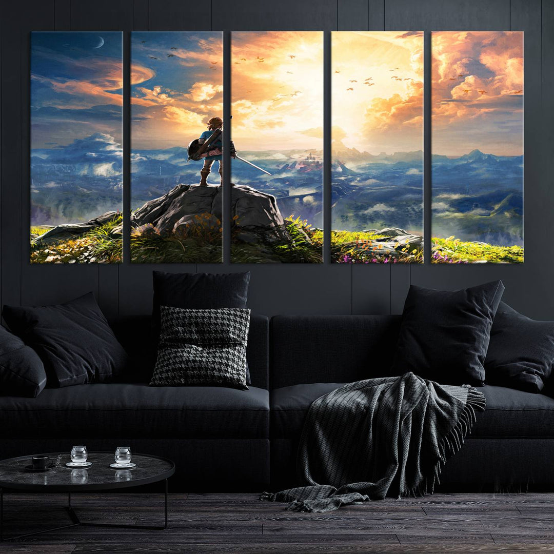 The Legend of Zelda Breath of the Wild Game Wall Art Canvas Print showcases a fantasy landscape with a character on a cliff, all rendered in gallery-quality finish on premium canvas.