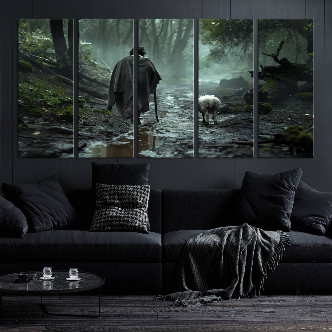 The "Forest Jesus Shepherd Canvas Wall Art" features a person with a cane, clothed in a cloak, walking beside a sheep through a misty forest. This piece captures tranquility and is ideal for adding serenity to your living room, office, or bedroom decor.