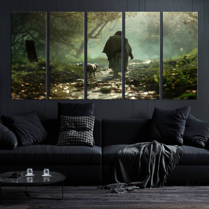 The wall art piece, titled "Jesus Shepherd a Lost Lamb Canvas Wall Art Print," is suspended on the wall and depicts a robed figure and a lamb wandering along a forest path.