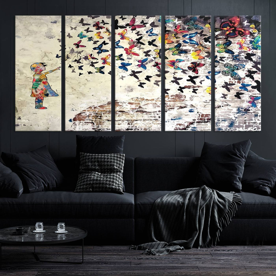 Banksy Girl Butterfly Graffiti Wall Art Canvas Print - Butterfly Girl and Freedom Flight - Vibrant Street Art Print