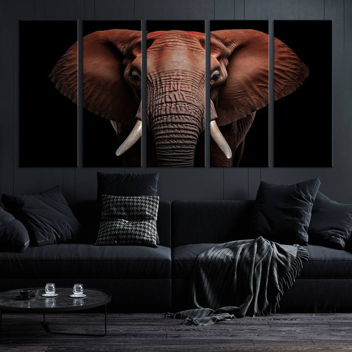 A stunning triptych titled "Wild Elephant Wall Art Canvas Print" beautifully enhances the wall above a contemporary living room. This Africa Savannah Wild Animal Wall Decor Print is of museum-quality, complete with a UV-protective coating to ensure its vibrancy and beauty are preserved for years.