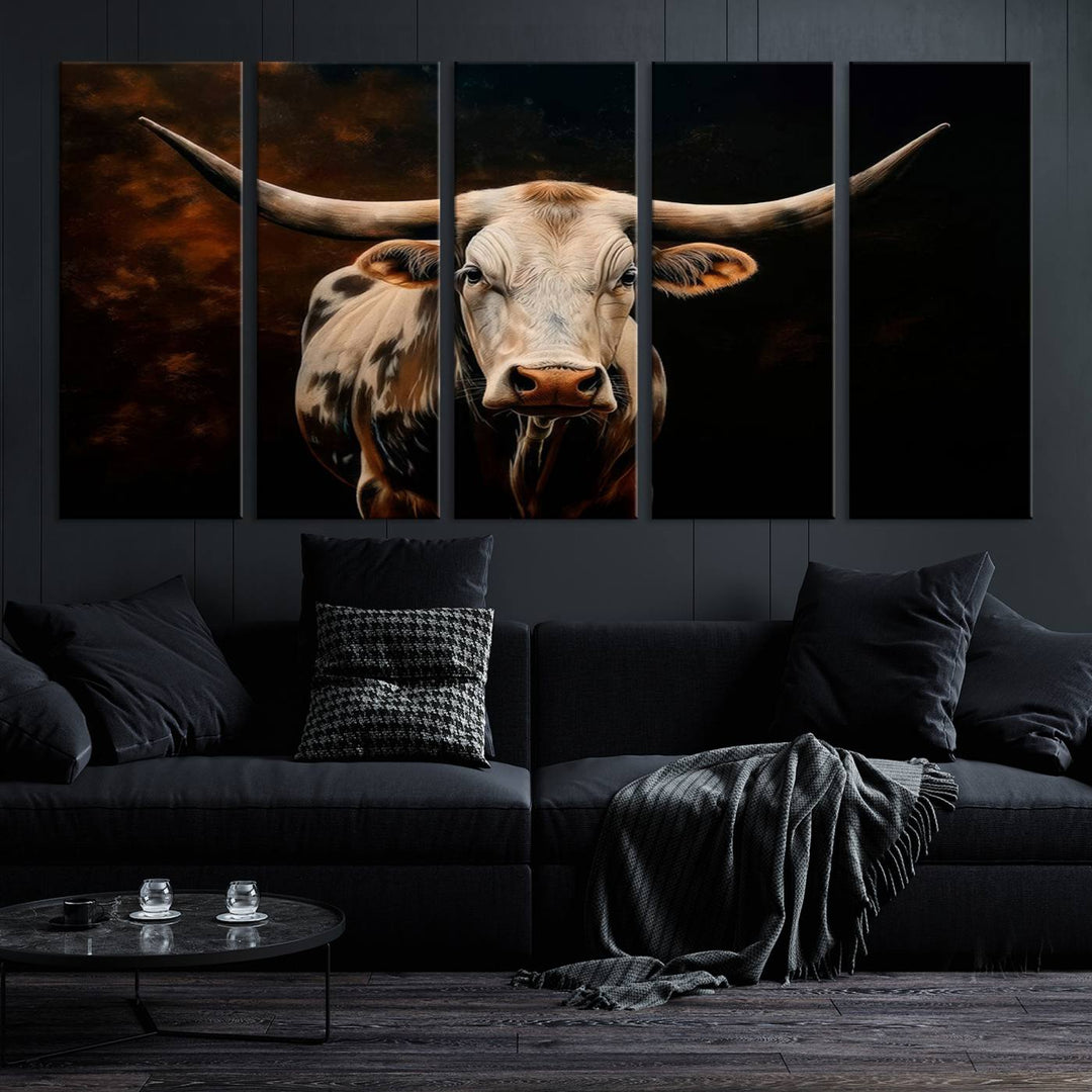 The Texas Longhorn Wall Art, a 3-panel large canvas print, infuses the room with a dash of cowboy charm.