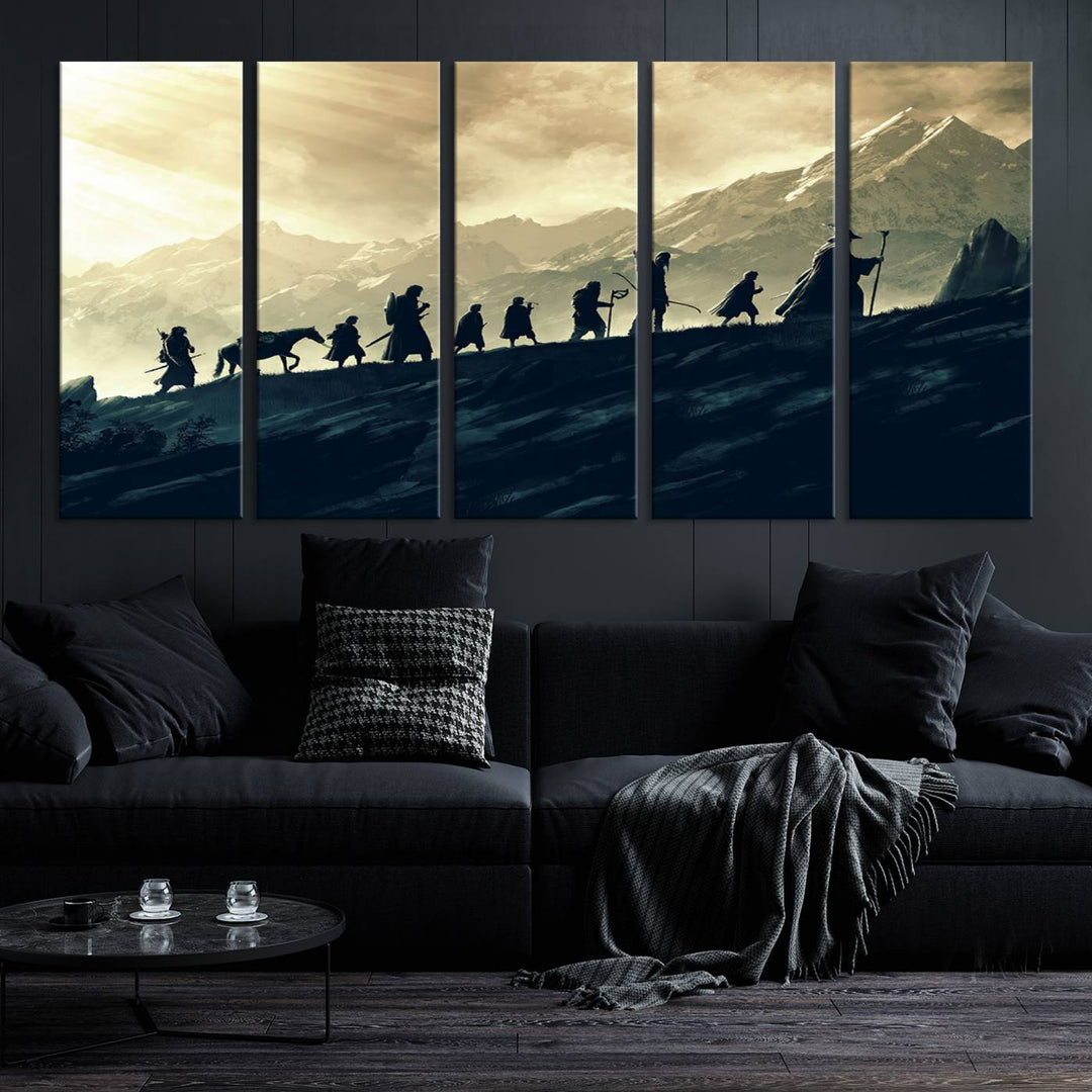 A canvas print titled "Lord of the Rings Silhouette Wall Art Capturing the Epic Quest Through Middle-Earth - The Fellowship's Journey" is displayed.