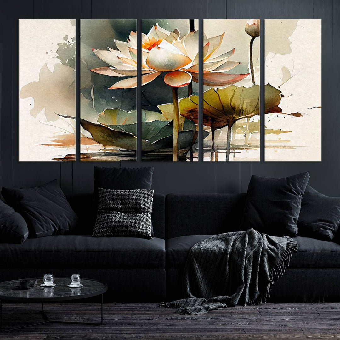 The Lotus Flower Watercolor Canvas Print, a contemporary wall art piece symbolizing serenity and growth with its soft watercolors, adorns the wall.