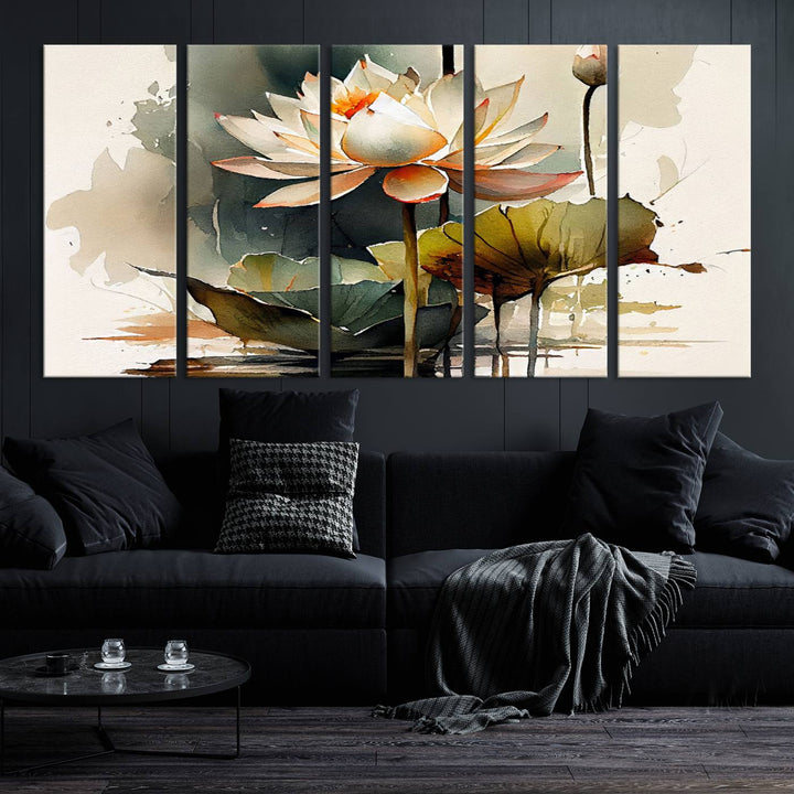 The Lotus Flower Watercolor Canvas Print, a contemporary wall art piece symbolizing serenity and growth with its soft watercolors, adorns the wall.