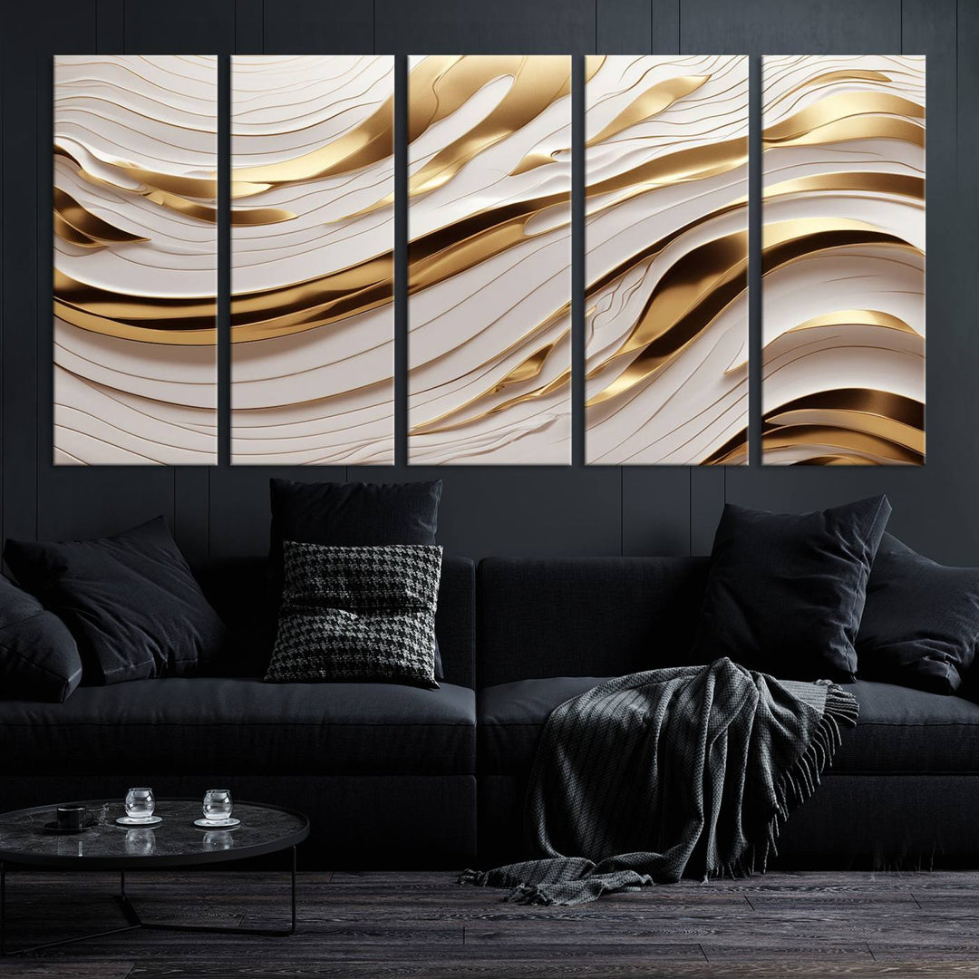 The "Gold and White Abstract Wave Canvas – Elegant Flowing Design with Luxurious Golden Accents" beautifully enhances the area and creates a stunning focal point in the room.