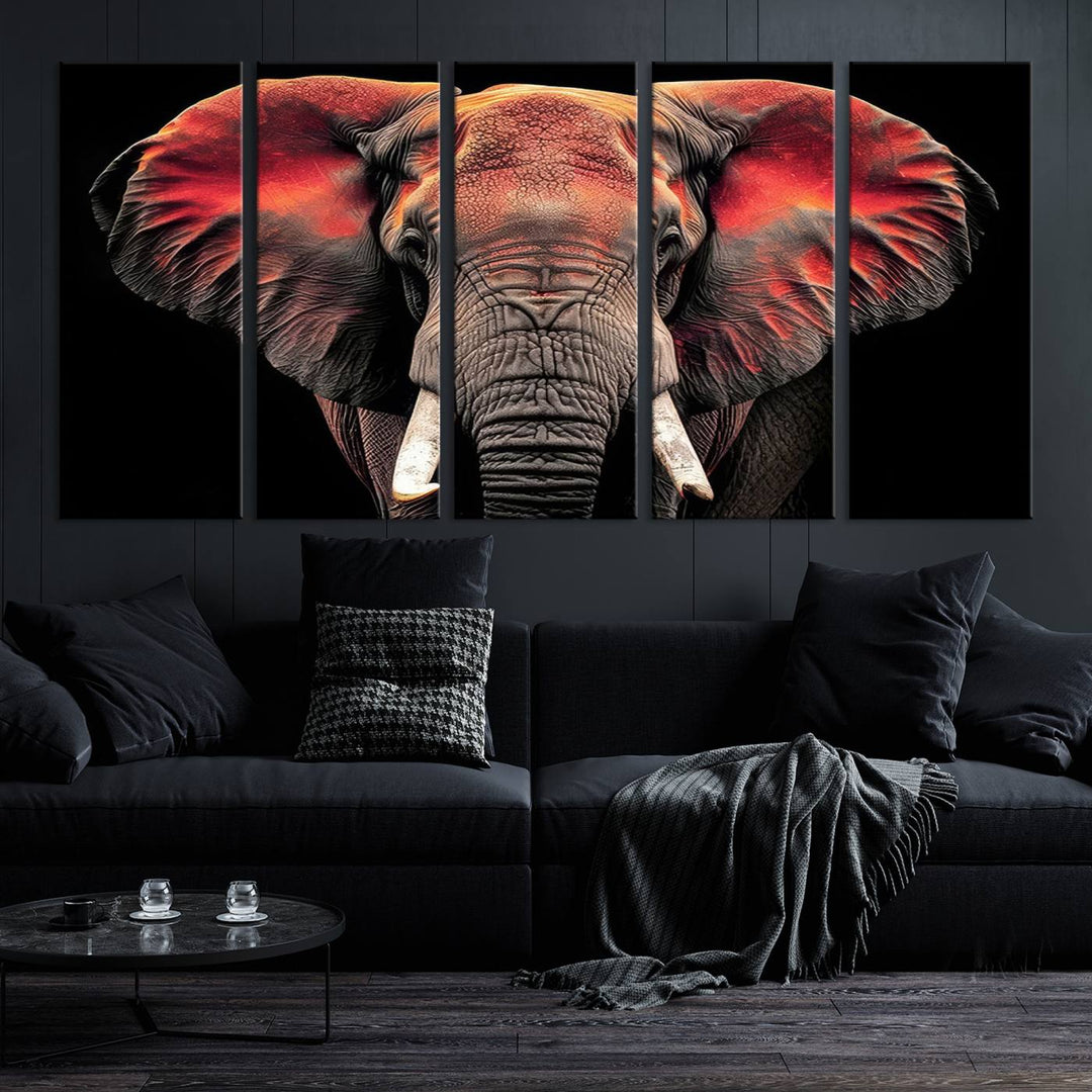 The Elephant Wall Art Canvas Print, featuring vibrant red and black tones, is a stunning artwork printed on museum-quality canvas. It comes with a UV-protective coating.