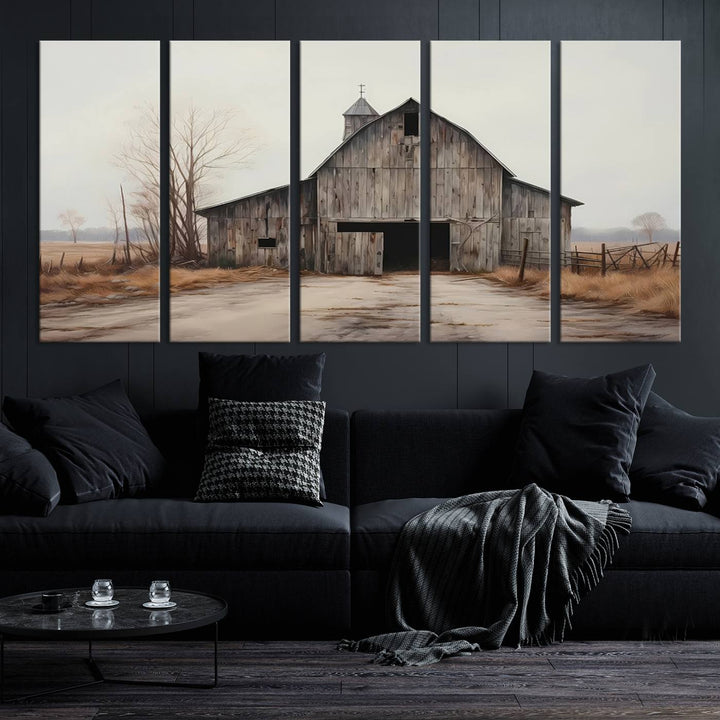 A framed and ready-to-hang Farmhouse Rustic Barn Wall Art Canvas Print is displayed against a gray wall. This stylish modern living room seamlessly combines rural life wall décor with contemporary comfort.