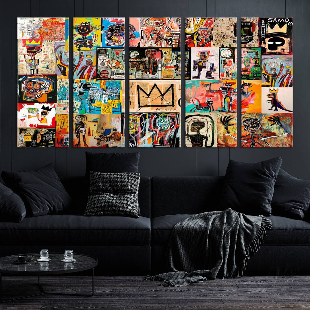 A vibrant Basquiat Art Collage Wall Art Canvas Print in an urban graffiti style adds a modern artistic flair.