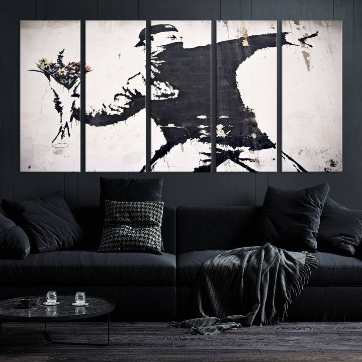 The living room features a split-panel art piece named "Banksy Flower Throw Graffiti Street Wall Art Canvas Print," gallery wrapped on museum-quality polycotton canvas and accentuated by modern decor elements.