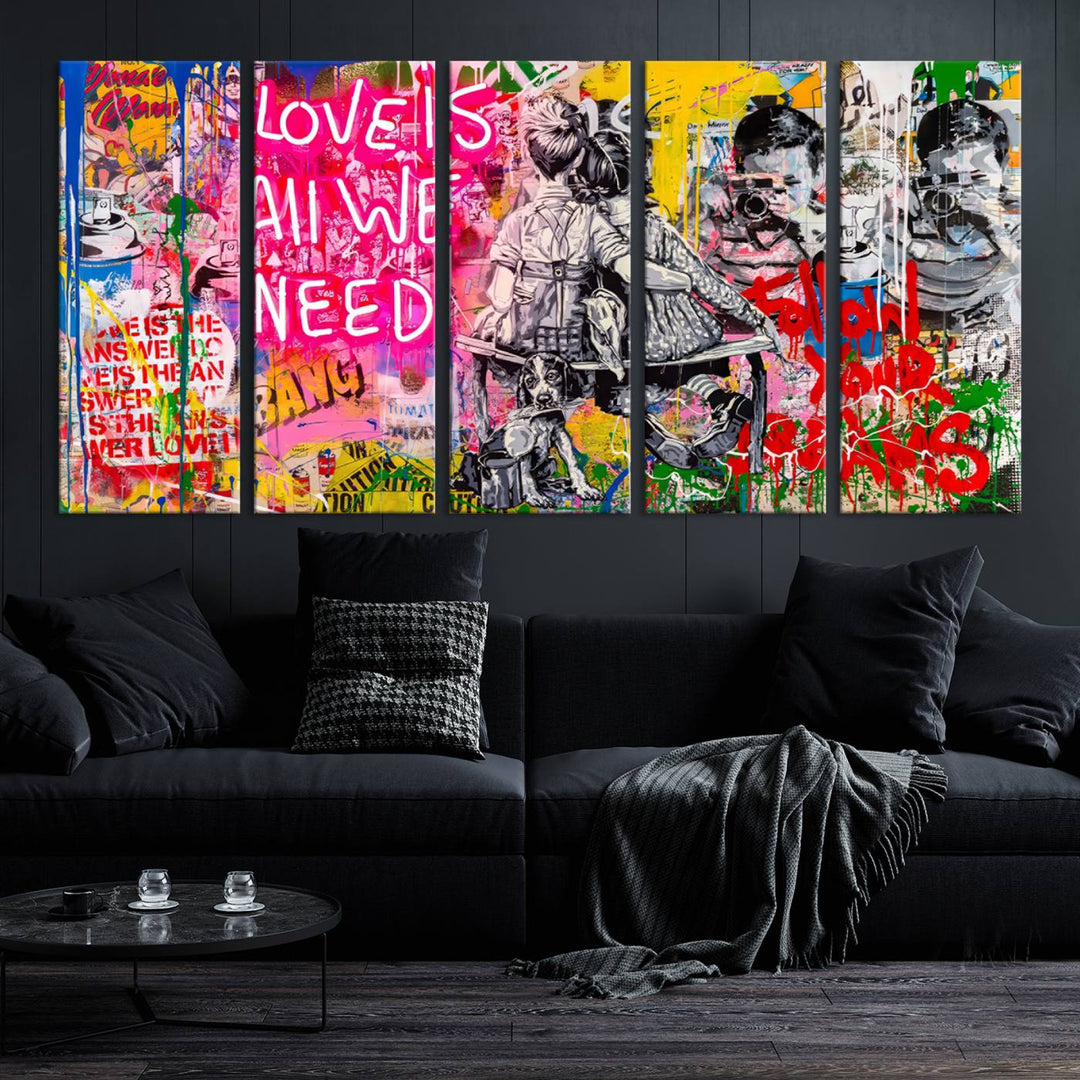 A vivid display of the "Follow Your Dreams & Love is All We Need" graffiti street art energizes a modern room with its three-panel arrangement. This bold giclee canvas print infuses any contemporary space with dynamic flair.