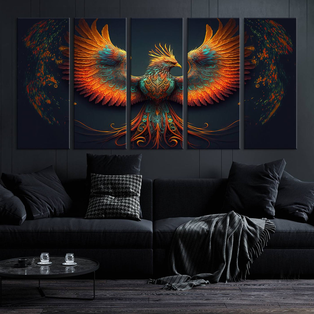 The Majestic Phoenix Wall Art Canvas Set, a fiery symbol of rebirth and strength, graces the wall.