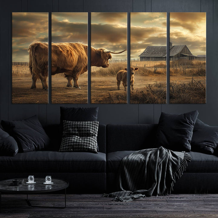 The living room features the "Highland Cow Canvas Wall Art Animal Print Pictures Fluffy Cattle Art," which captures a cow and calf in a rural sunset scene, adding gallery-quality charm.