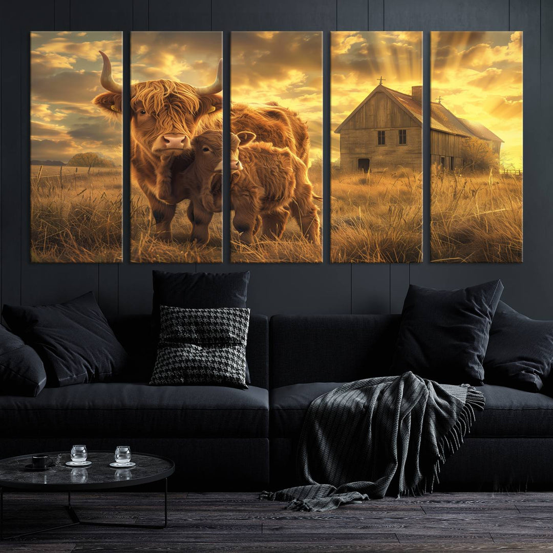 The room features the Barn and Highland Cow Canvas Wall Art Animal Print, a three-panel canvas depicting cows in a sunset field with a rustic barn backdrop. This handmade piece brings charm and character with its gallery-quality finish.