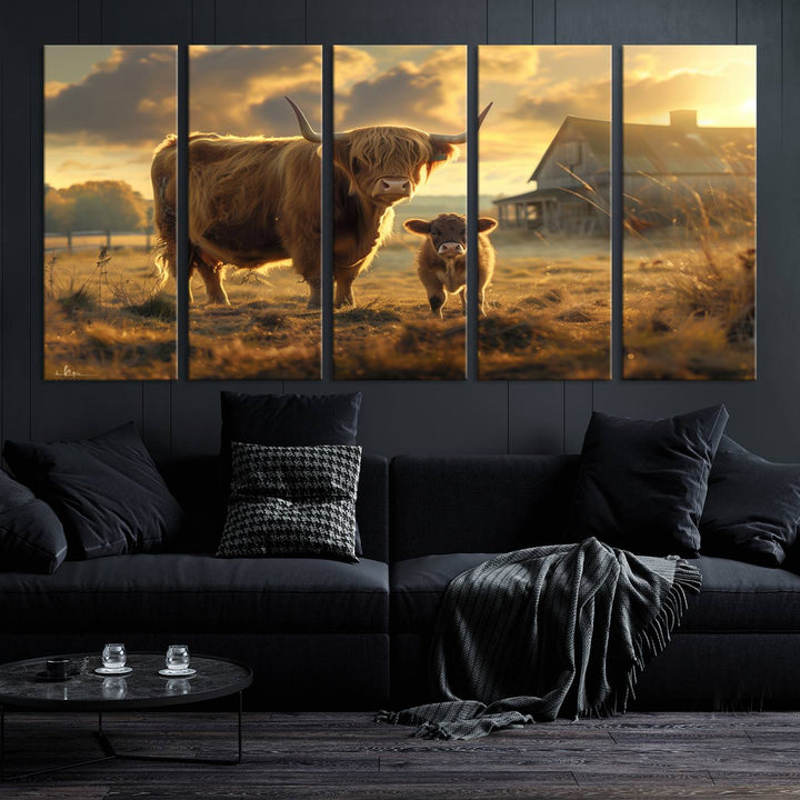 The "Highland Baby Cow Canvas Wall Art Animal Print" triptych art piece showcases a cow and calf in a sunlit field with a barn in the background.