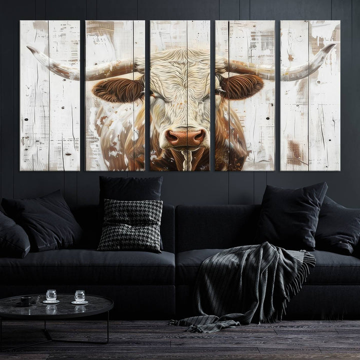 The dimly lit room is enhanced with Western charm by the Rustic Longhorn Bull Wall Art Canvas Set—Western-Inspired Farmhouse Décor, elegantly displayed on the wall.