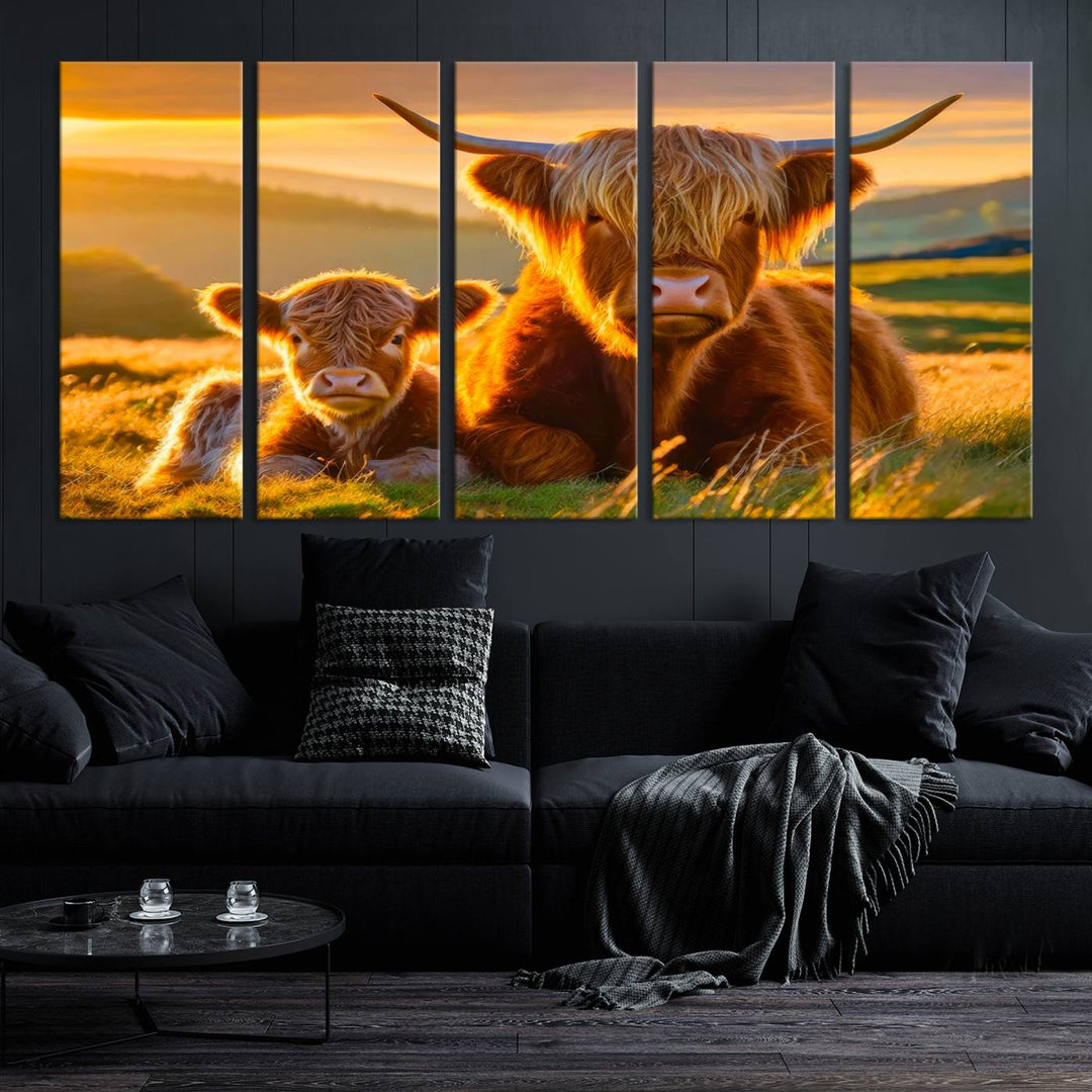 The living room showcases a gallery-quality finish with the Scottish Cow and Baby Cow Canvas Wall Art, featuring a charming animal print of fluffy cattle as the centerpiece. This stunning piece is displayed on premium canvas, creating an inviting atmosphere.