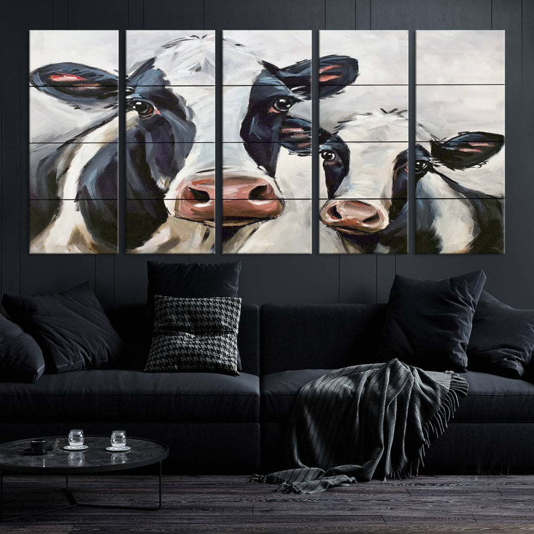 The Vintage Baby and Mom Cattle Wall Art Canvas Print is prominently displayed, adding a touch of contemporary and farmhouse decor to the modern living room.