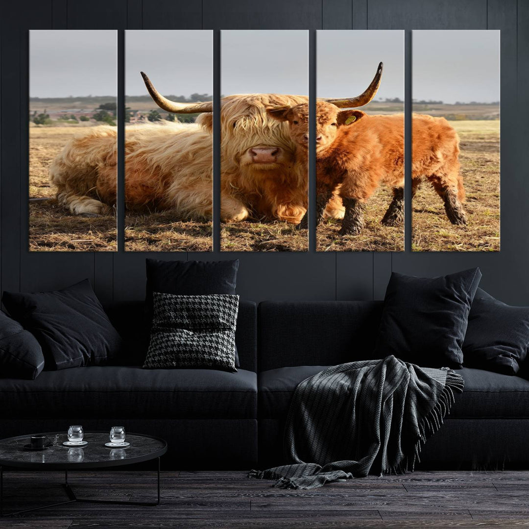 The three-panel canvas artwork, titled "Highland Cow Canvas Wall Art Animal Print for Farm House Decor," features a serene scene of a resting Highland cow and calf in a field. The piece highlights its gallery-quality finish.