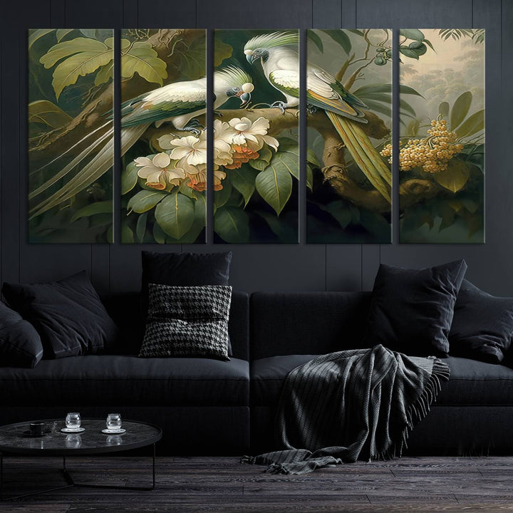 Crafted in the USA, this Tropical Paradise Print wall art features a stunning parrot amidst a lush forest and beautiful flowers.